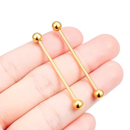 16G 14G Surgical Steel Tongue Rings Nipple Rings Industrial Piercing Jewelry Set Multi Size Straight Barbells 12mm 14mm 16mm 19mm 22mm 28mm 32mm 35mm 38mm 40mm 45mm for Women Men - color: goldtone, size: 14g,bar length 35mm