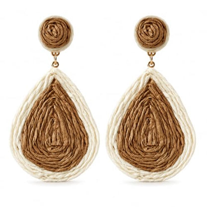 Handmade Rattan Teardrop Dangle Earrings for Women, Lightweight Boho Woven Statement Earrings with Gold Fish Hook, Natural Straw Weave Vacation Jewelry for Summer Beach - style: Ivory Brown Teardrop