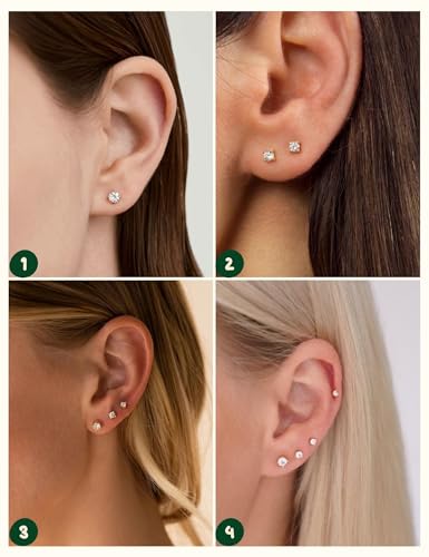 Kainier Women's 14K Gold Plated CZ Stud Earrings Simulated Diamond Round Cubic Zirconia Ear Stud Set（5 Pairs)… - color: Gold