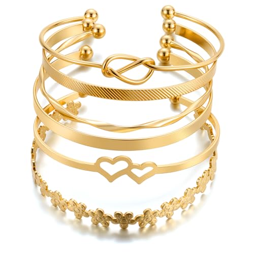 ÌF ME Gold Bangle Bracelets for Women, Indian Bangles Stackable Set, Multi Layer Textured 18K Gold Plated Chunky Bracelets Boho Jewelrys Set - style: gold-heart