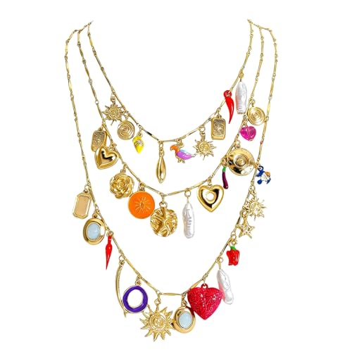 Vintage 3-Layered Pendant Charm Necklace for Women, Bohemian Ethnic Triple Layer Stackable Chain Necklace, Unique Statement Jewelry for Party Gift - color: Pepper Heart Sun - Bohemia