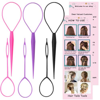 Luumxai 9pcs Topsy Hair Tail Tool and rat tail comb set,6pcs French Braiding Tool ring,3Pcs Metal Parting Combs,Woman Girl Hair Styling (Pink,Purple, Black) - color: Pink/Purple/Biack