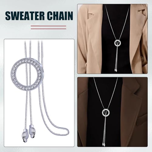 Long Sweater Necklace for Women, Silver Tone Crystal Circle Pendant, Elegant Snake Chain Fashion Jewelry for Dress & Top