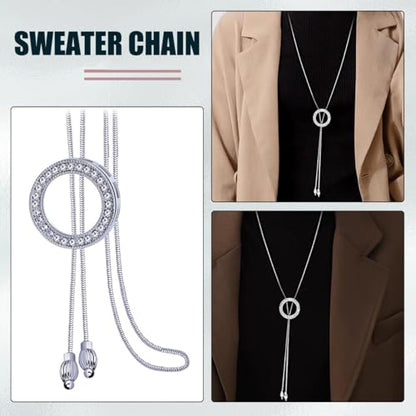Long Sweater Necklace for Women, Silver Tone Crystal Circle Pendant, Elegant Snake Chain Fashion Jewelry for Dress & Top