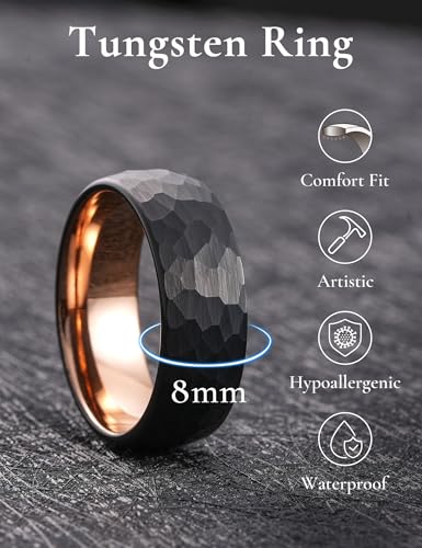 King Will Men's Tungsten Carbide Wedding Ring Hammered Groove Wedding Band Mens Two Tone Engagement Ring for Men and Women Matte Brushed Finish Comfort Fit - color: 8MM Rose Gold-Black