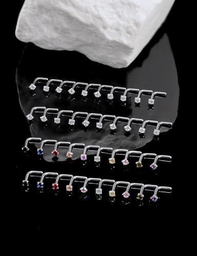 18G 20G 22G Round Cubic Zirconia Nose Rings Studs for Women Men 316L Stainless Surgical Steel Nose Ring Stud Piercing Jewelry Silver Clear CZ 1.5mm 2mm 3mm - style: 18G L Shaped Silver CZ 2mm