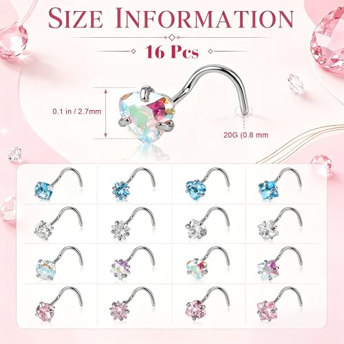 20G Colorful Rhinestone Steel Screw Nose Rings Studs Bar Pin Piercing Jewelry - color: Four colors - 16PC