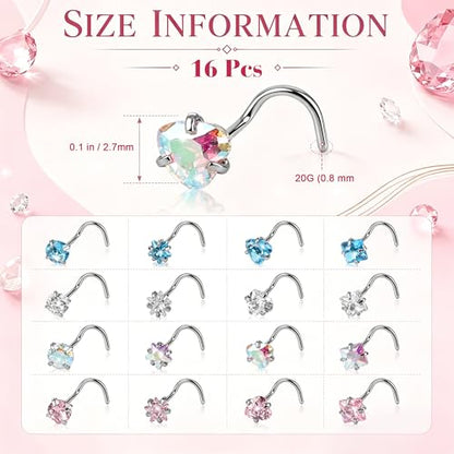 20G Colorful Rhinestone Steel Screw Nose Rings Studs Bar Pin Piercing Jewelry - color: Four colors - 16PC
