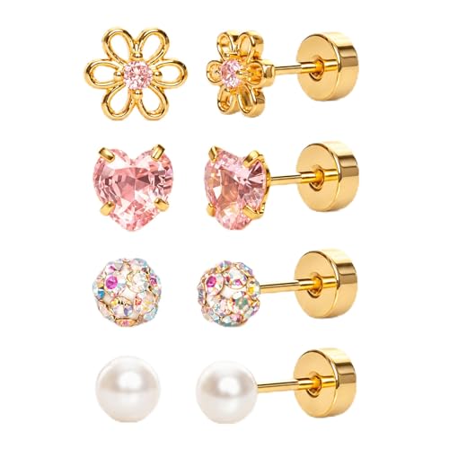 4 Pairs Gold Tone Stainless Steel Stud Earrings Set Hypoallergenic Screw Back Earrings with Pearl Flower Heart and Crystal Ball Designs for Women