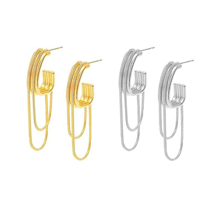 2 Pairs Gold/Silver Hoop Earrings For Women Set Trendy,14K Plated Gold Chunky Huggie Hoop Earings Pack,Oval Twisted Statement Silver Hoops,Fashion Jewelry Gift - color: 21) chain hoops