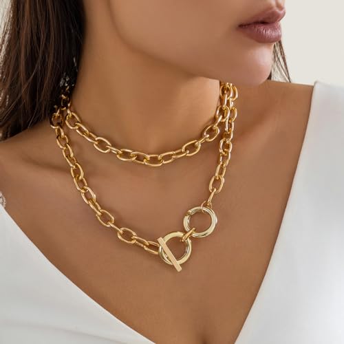 CSIYANJRY99 Chunky Gold Necklaces for Women,Multilayer Punk 80s Hip Hop Necklace,Layered Cuban Link Chain Statement Necklace 90s Freaknik Outfit Accessories for Women - color: Gold Larered Neckalce 2