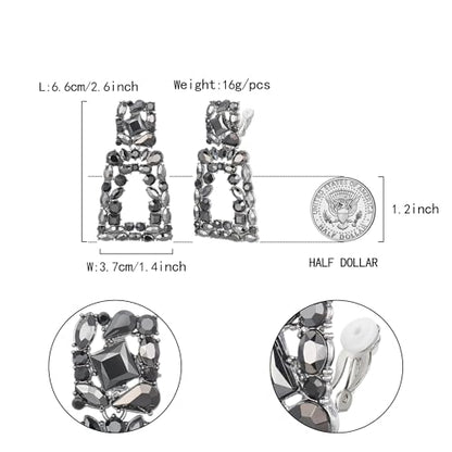 Flyonce Rectangle Clip-on Drop Earrings for Women, Sparkly Rhinestone Crystal Geometric Statement Non Pierced Earring Wedding Prom Party Jewelry for Brides Bridesmaid - color: Charcoal Grey