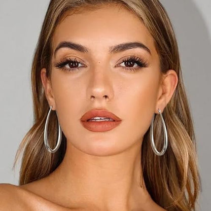 Gacimy Chunky Hoop Earrings for Women, 14K Gold Plated Oval Hoop Earrings with 925 Sterling Silver Post - color: Silver, size: 60mm