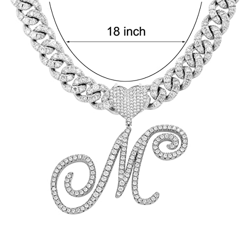 Initial Necklaces Silver Cuban Link Chain for Women Iced Out Chain with Heart Letter Pendants Custom Chain Name Necklace Hip Hop Jewelry Gift - color: M