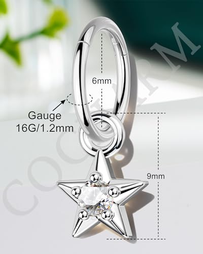COCHARM Clicker Rook Earring-Star 16G Moon & Square Helix Rarrings,316L Stainless Steel Helix Daith piercing Jewelry 6/8MM - color: Star-6MM