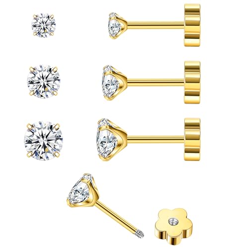 14K Gold CZ Flat Back Earrings for Women Hypoallergenic Cartilage Cubic Zirconia Earrings Studs 20G Handmade Nap Screw Back Earrings for Helix Conch Multiple Piercing - color: White-CZ