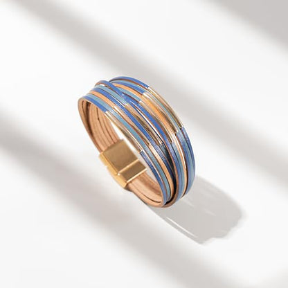 Gold Tube Leather Wrap Bracelets Boho Chunky Stackable Layered Western Cuff | Stacked Bohemian Cool Magnetic Clasp Bangles Statement Cowgirl Hippie Country Festival Accessories for Women Trendy - color: Blue