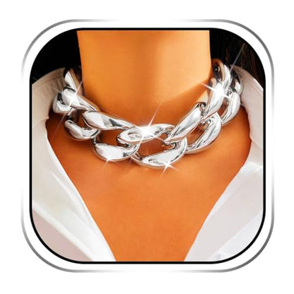 Chunky Choker Necklace Cuba Link Hip Hop Necklaces Punk Necklace Chain for Women - color: Silver