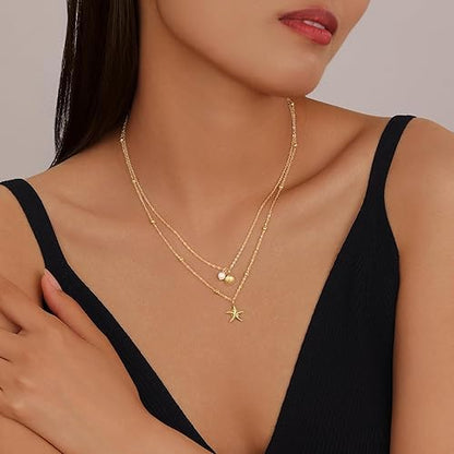 Evabelle Gold Layered Necklace for Women Trendy Jewelry 14K Real Gold Plated Chunky Chain Stackable Necklaces Dainty Choker Necklaces Rectangle Square Pendant - color: Gold Necklace 07
