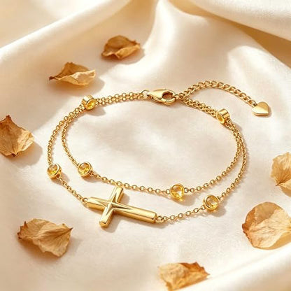 Midari 18K Yellow Gold Gemstone Birthstone Anklet Bracelet Cross Jewelry with 12 Months Birthstone Birthday Gifts for Women Wife Her Daughter Mom - color: 11-Nov-Citrine, size: Anklet 9"-11"
