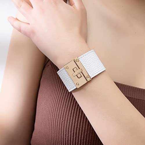 Rantanto Leather Wrap Bracelets For Women Gold Twist Lock Buckle Wrist Cuff | PU leather,Skin-friendly,Boho Stackable Wristband,Fashion Daily Jewelry,Trend Casual Party Bangle,Fit For Birthday, Holiday - color: Wide White