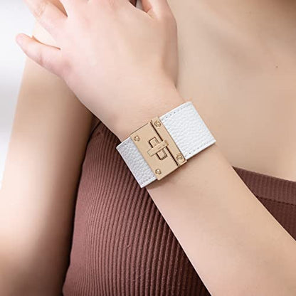 Rantanto Leather Wrap Bracelets For Women Gold Twist Lock Buckle Wrist Cuff | PU leather,Skin-friendly,Boho Stackable Wristband,Fashion Daily Jewelry,Trend Casual Party Bangle,Fit For Birthday, Holiday - color: Wide White