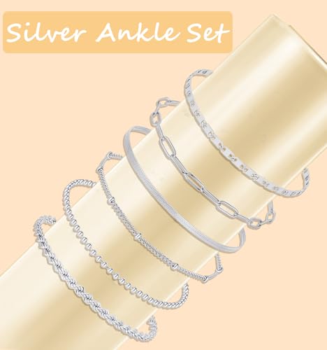8Pcs Ankle Bracelets for Women Stainless Steel Waterproof Layered Cuban Figaro Link Chain Rope Paperclip Herringbone Satellite Bead Anklets Set Summer Beach Jewelry Gold Silver Tone 8.5 Inch - color: B:Silver