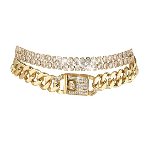 14K Gold Anklets for Women Waterproof Rhinestone Ankle Bracelet Layered Cuban Link Chain Diamond Anklet Beach Jewelry for Women - color: Gold Plus Size