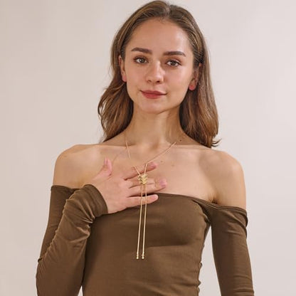 MUYAN Gold Statement Lariat Necklace Long Chain Drop for Women | Brass Gold Finish, Adjustable Sliding Pendant, Suitable for Daily Leisure Vacation Matching - color: Gold