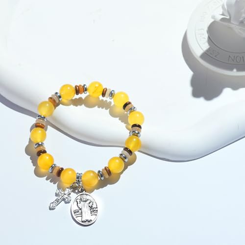 Rosary for Men Women, Natural Stone Beads with St. Benedict Bracelet | 8 mm Natural Stone Prayer Beads with 10 mm Accent Beads, St. Benedict Crucifix, Matching Bracelet, Gift Box and Pouch. - color: Yellow
