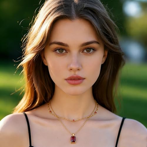 Birthstone Layered Pendant Paperclip Necklace 18k Gold Plated Heart Choker Chain Necklace Emerald Cut Jewelry Birthday Gift for Women - color: Emerald-Cut Ganet