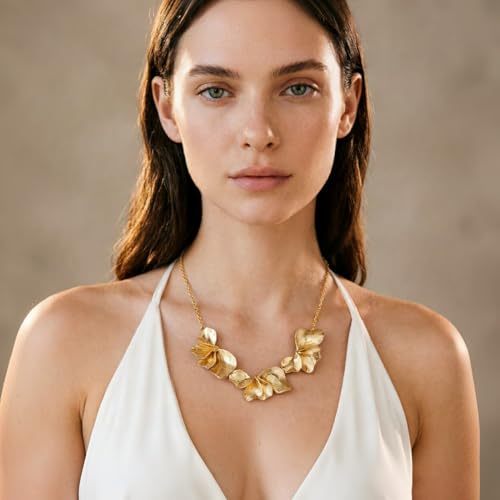 Statement Flower Necklace for Women Gold Plated Chunky Floral Collar Boho Choker Jewelry