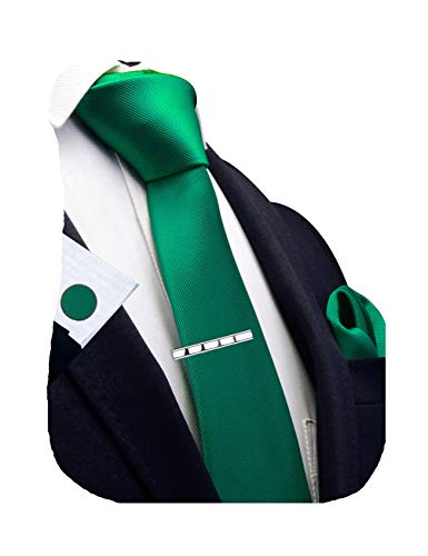 GUSLESON New 3.15"（8cm） Solid Color Necktie and Pocket Square Cufflinks Clip Set - color: Green