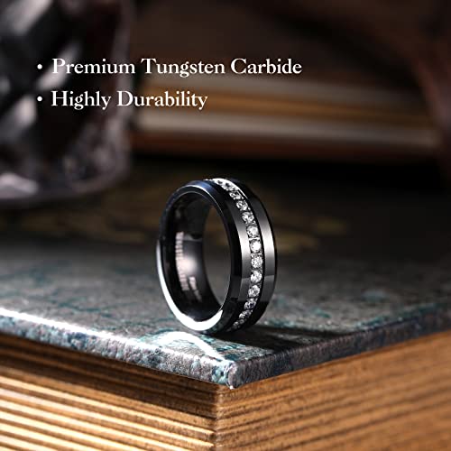 King Will 8mm Tungsten Carbide Rings for Men Cubic Zircon Stones Inlay - color: Black 8mm