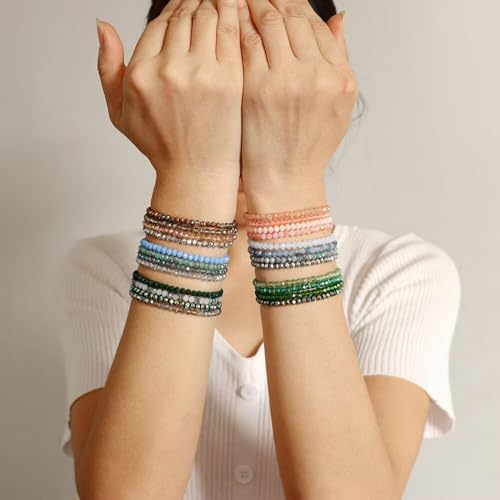 Boho Crystal Glass Beaded Stretch Bracelet Set, Stackable Multilayer with Faux Pearl, Handmade Friendship Jewelry for Women - color: Pink
