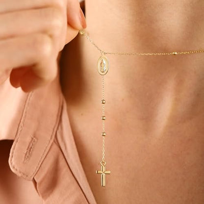 14K Gold Layered Cross Necklaces for Women,Tiny Small Sideways Cross Necklace Minimalist Christian Jewelry Gifts First Communion Confirmation Easter Stuff,2Pcs - color: Virgin Mary,Gold