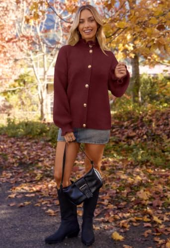 MEROKEETY Women's Fall Trendy Chunky Knit Cardigan Casual Ruffle Sweaters | Button Down, Long Sleeve, Cute Ruffle Collar, Mock Neck, Fashion Cozy Knit Sweater, Dressy Casual Winter Outerwear Clothes - color: Burgundy, size: X-Large