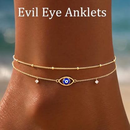 Gold/Sterling Silver Anklet Bracelets for Women Waterproof, Non Tarnish 925 Sterling Sliver Plated Heart Evileye Butterfly Charm, Dainty Summer Beach Anklets for Women, Beach Vacation Bikini Outfits for Her Mom - style: Evil eye-Gold
