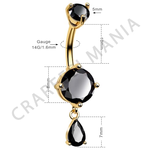 Belly Button Ring Dangle Belly Rings 316L Surgical Steel Belly Button Piercing Jewelry Teardrop Navel Ring for Women - color: Gold-Black CZ-10mm