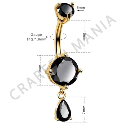 Belly Button Ring Dangle Belly Rings 316L Surgical Steel Belly Button Piercing Jewelry Teardrop Navel Ring for Women - color: Gold-Black CZ-10mm