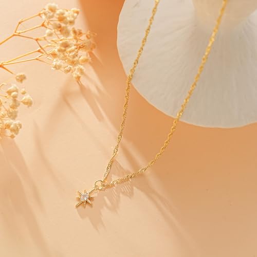 Gold Necklace for Women, Dainty 14K Gold Plated Pendant Necklaces for Women Trendy Simple Choker Chain Cubic Zirconia Circle/Interlocking/Sun/Pearl Necklace Fashion Jewelry Charm Gifts - color: Eight-pointed Star Pendant