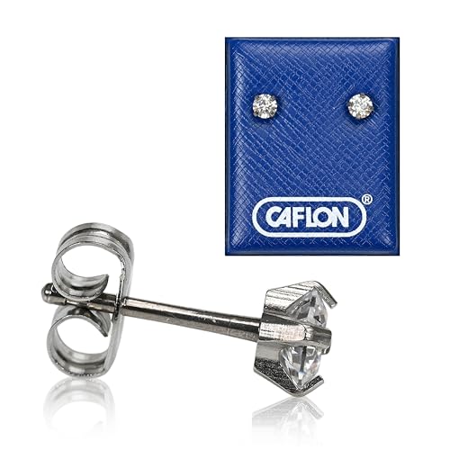 Caflon 24K Gold Plated | Stainless Steel Cubic Zirconia Stud Earrings 4mm | Nickel Safe Hypoallergenic Ear Jewelry | Sparkling Round Silver Tone Crystal Design with Secure Push-Back Closure | Everyday Fashion Jewelry - style: Stainless Steel