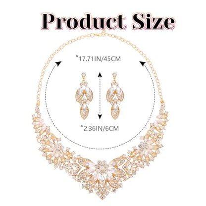 Yonamix Gold Jewelry Set Wedding Rhinestone Necklace Sets for Women | Formal Prom Dinner Party Gala Night Crystal Flower Necklaces Earrings - color: A Gold