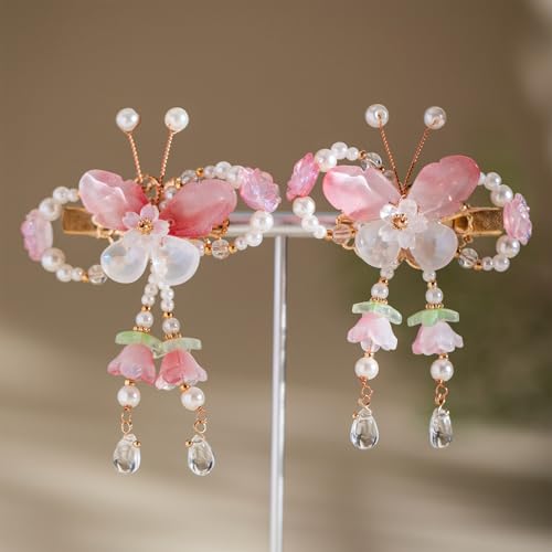 A Pair Wedding Hair Clips, Handmade Floral Design Crystal Hair Clips Pearl Barrettes, Rhinestones Flower Clips Pearl Headpieces Hair Pins Hair Accessories for Women Girls (Red&White) - color: Red&White