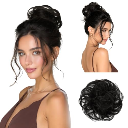 RUWISS 100% Human Hair Bun Small Messy Bun Hair Piece for Women Layered Wavy Hair Buns Updo Hairpiece for Daily Wear Scrunchies Ponytail Extension (Natural Black) - color: Natural Black