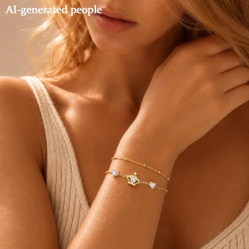 16K Gold Plated Bracelets Set for Women - Dainty Layered Adjustable Hand Chain Bracelet with Cubic Zirconia, Cute Jewelry Gift for Her, Waterproof Hypoallergenic - color: Crown