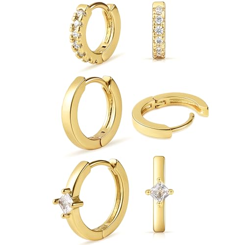 micuco 3 Pairs Small Gold Hoop Huggie Earrings Set for Women Men Tendy | 14K Gold Plated Small Huggie Hoop Earrings for Men, Tiny Cartilage Hypoallergenic Earring Set - style: M# SCZ Gold 8-10-12mm