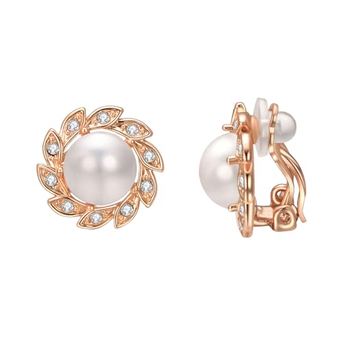 Vintage Pearl Clip On Earrings for Women Silver Rhinestone Earrings | Non Pierced Earrings 18K Rose Gold Plated Large White Pearl Earring Wedding Jewelry
