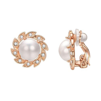 Vintage Pearl Clip On Earrings for Women Silver Rhinestone Earrings | Non Pierced Earrings 18K Rose Gold Plated Large White Pearl Earring Wedding Jewelry