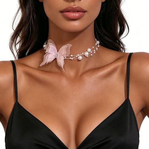 Lace Butterfly Necklace Dainty Pearl Beaded Bow Tie Ribbon Necklaces Long Elegant Lace Fairy Tassel Choker White Black Pink Blue Butterfly Choker Necklaces Cute Butterfly Jewelry Y2K Aesthetic Jewlery for Wedding Party Prom - color: Pink